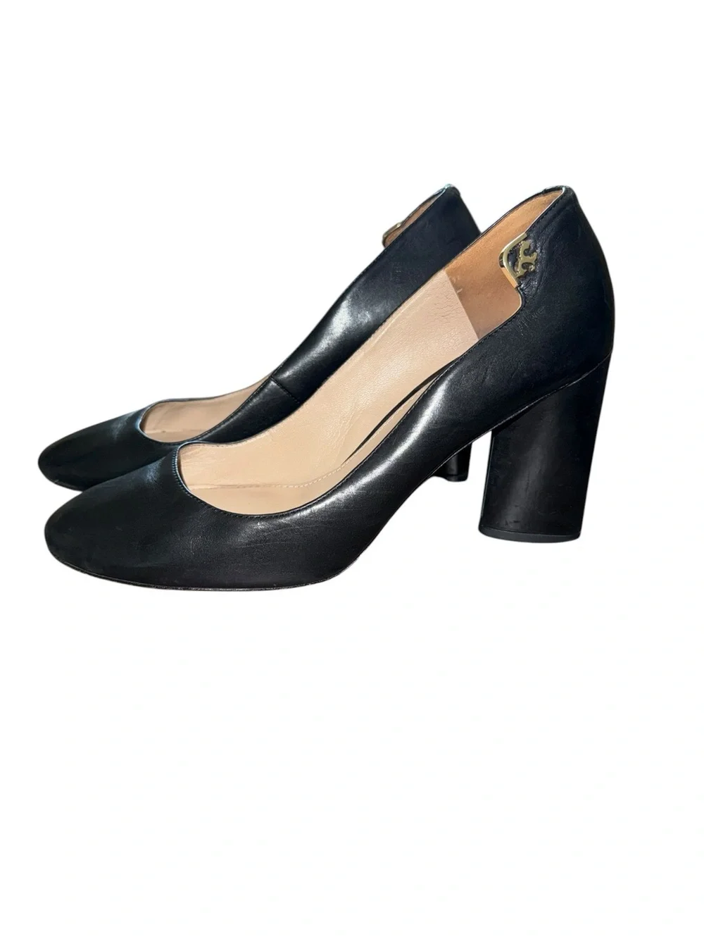 Tory Burch Black Leather Elizabeth 4” Block heel Pumps Size 9.5 Gold Tone Hw